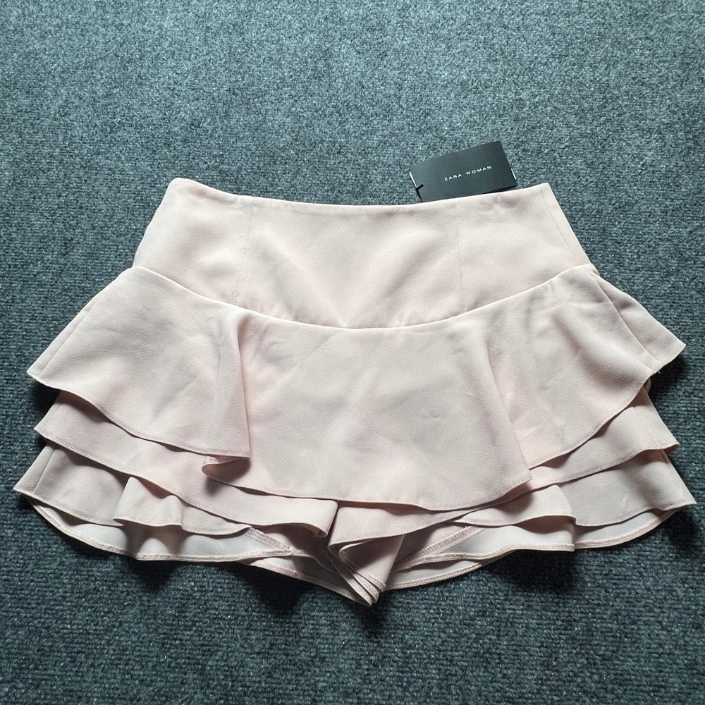Zara Woman Pink Tiered Ruffle Skort High Waist Mini Skirt Shorts L